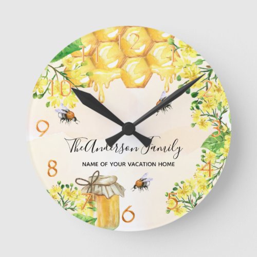 Bees honey yellow florals family monogram round clock