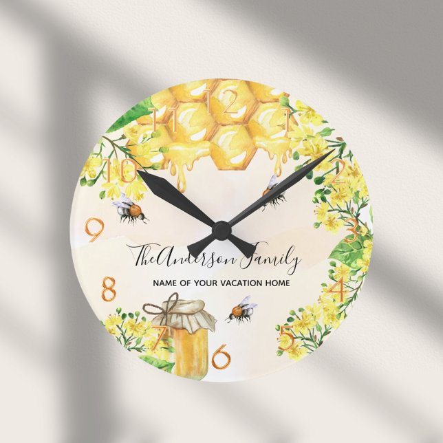 Bees honey yellow florals family monogram round clock (Creator Uploaded)
