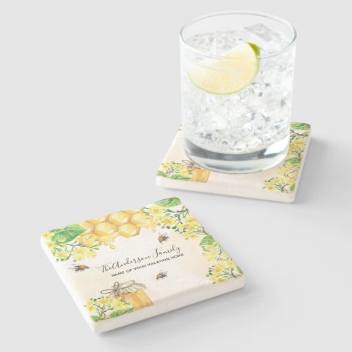 Bees honey yellow florals family monogram  stone coaster