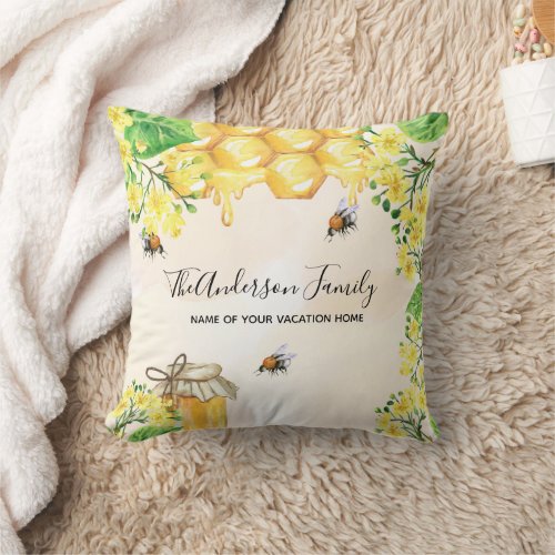 Bees honey yellow florals family name garden throw pillow