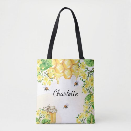 Bees honey yellow florals monogram name tote bag