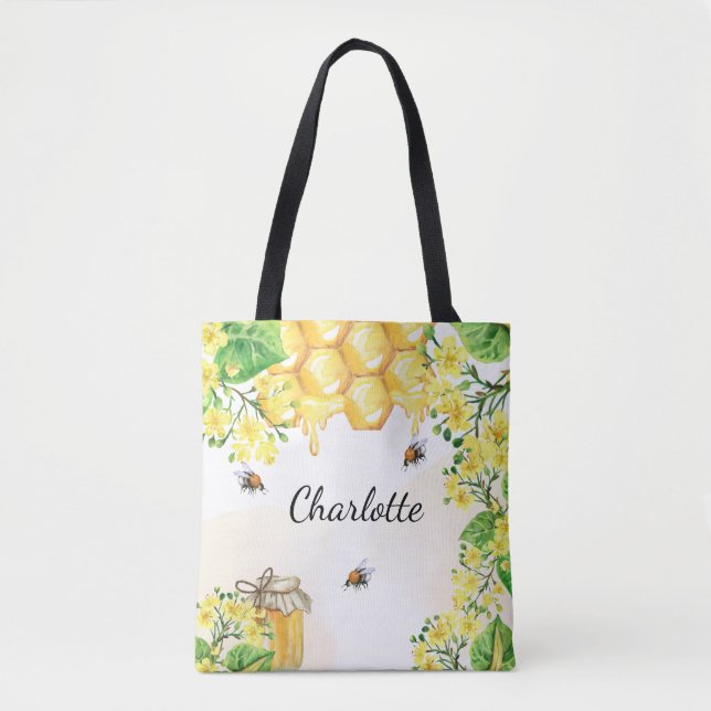 Bees honey yellow florals monogram name tote bag (Front)