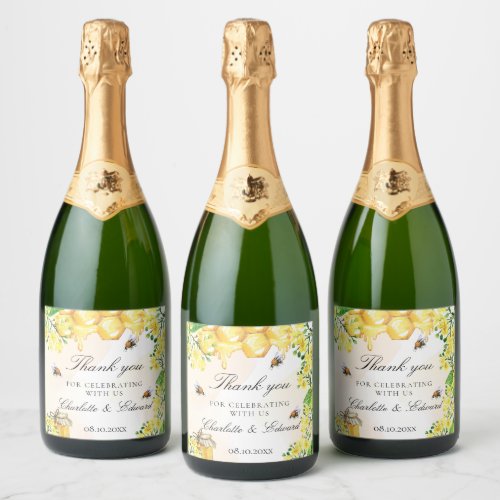 Bees honey yellow florals summer wedding sparkling wine label