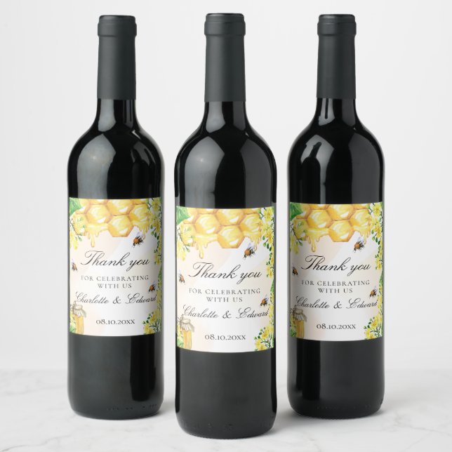Bees honey yellow florals thank you wedding wine label (Bottles)
