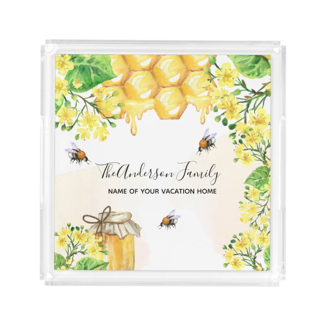 Bees honey yellow flowers family name acrylic tray (Front)