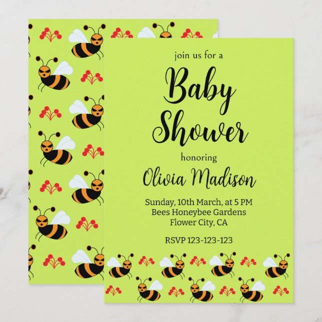Bees Honeybee Red Flowers Bee Baby Shower Invitation (Front/Back)