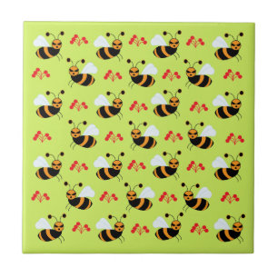 Bees Honeybee Red Flowers Pattern Ceramic Tile