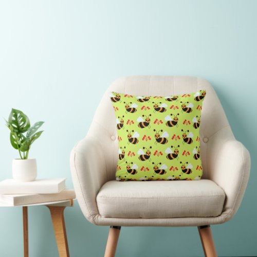 Bees Honeybee Red Flowers Pattern Throw Pillow