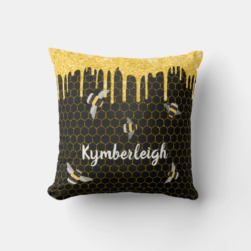Bees Honeycomb Black Gold Glitter Drips Glam Name Throw Pillow