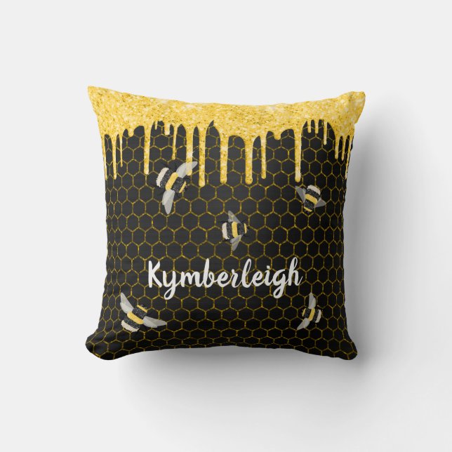 Bees Honeycomb Black Gold Glitter Drips Glam Name Throw Pillow (Front)