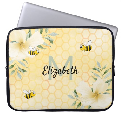 Bees honeycomb florals yellow monogram laptop sleeve