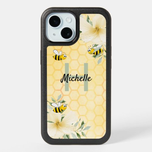 Bees honeycomb flowers monogram iPhone 15 case