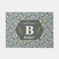 Bees Honeycomb Gray Yellow Monogram Family Name Doormat