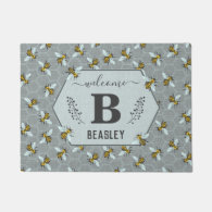 Bees Honeycomb Gray Yellow Monogram Family Name v2 Doormat