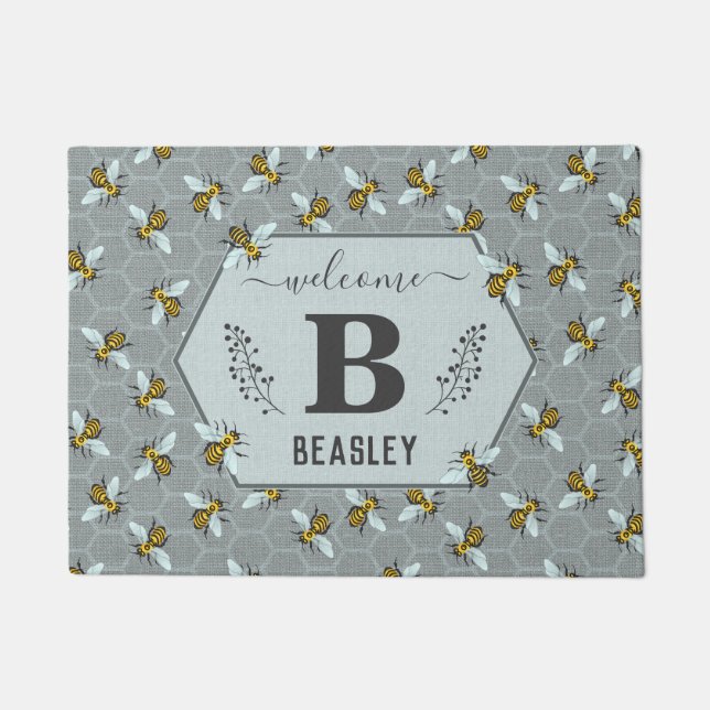 Bees Honeycomb Gray Yellow Monogram Family Name v2 Doormat (Front)