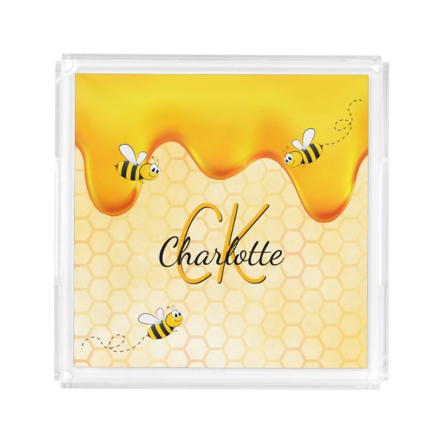 Bees honeycomb honey dripping monogram  acrylic tray (Front)