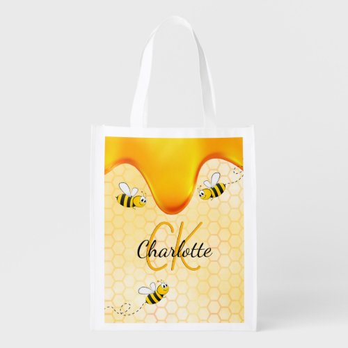 Bees honeycomb honey dripping monogram grocery bag