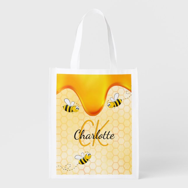 Bees honeycomb honey dripping monogram grocery bag (Front)