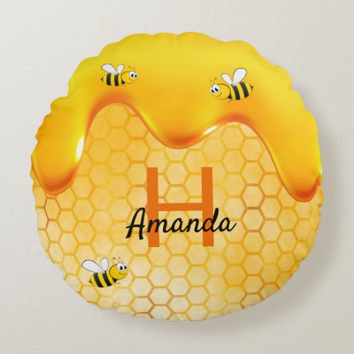 Bees honeycomb honey dripping name round pillow