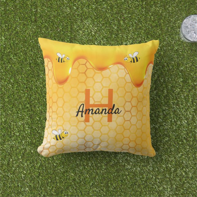 Bees honeycomb honey drips Yellow name Outdoor Pillow (Grass)