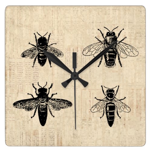 Bees Illustration Antique Bee Art Vintage Design Square Wall Clock
