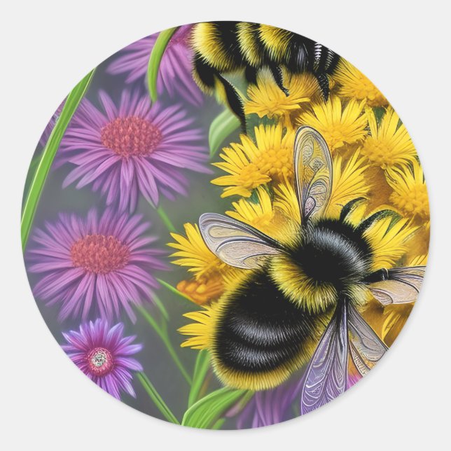 Bees in a Flower Meadow   Classic Round Sticker (Front)
