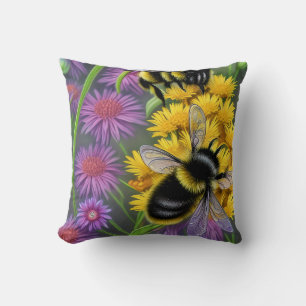 Bees in a Flower Meadow  Throw Pillow