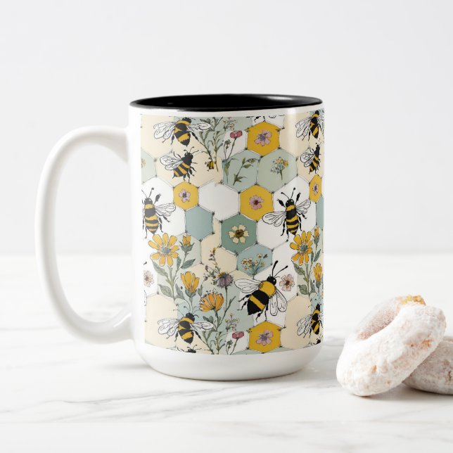 Bees in a Honeycomb Wildflower Patchwork Floral Two-Tone Coffee Mug (With Donut)