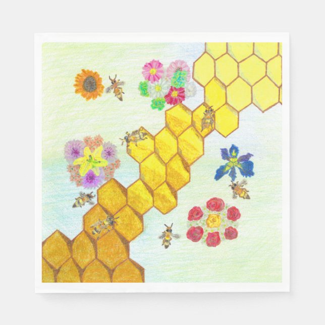 Bees in Beauty Colorful Floral Paper Napkins (Front)