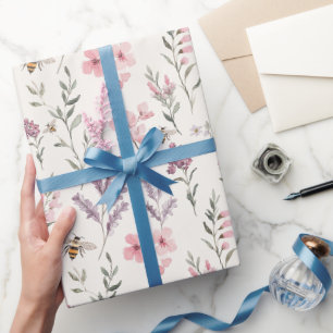 Bees Lavender Pink Flowers Birthday Wrapping Paper