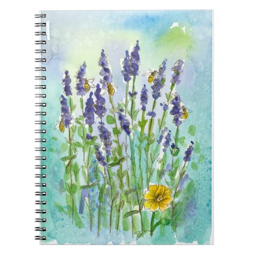 Bees Lavender Watercolor Flowers Teal Blue Notebook