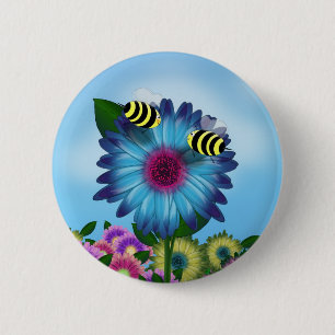 Bee's Lunch Date on Blue Flower Button