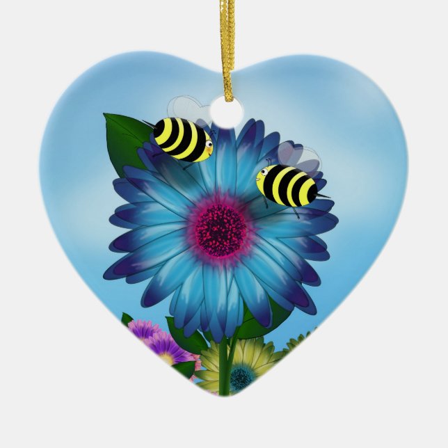 Bee's Lunch Date on Blue Flower Ceramic Ornament (Front)