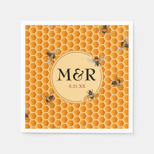 Bees n' Honeycomb Monogram Satin Gold Napkins (Front)