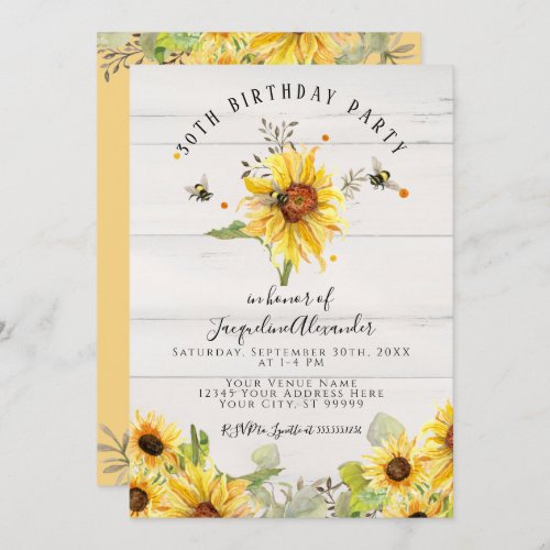 Bees n Sunflower Floral Rustic Wood Birthday Party Invitation