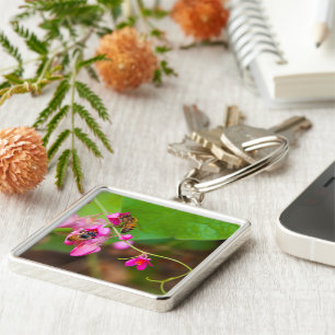 Bees On Coral Vine Flowers Keychain