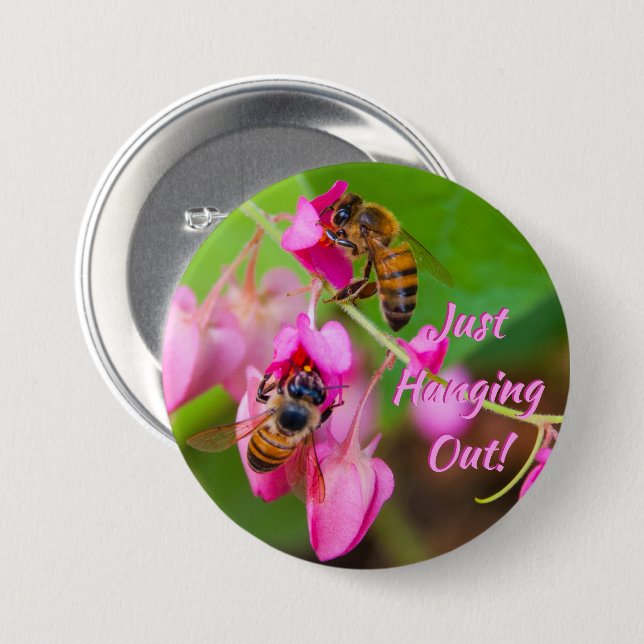Bees On Coral Vine Flowers Photograph Button (Front & Back)