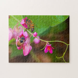 Bees On Coral Vine Flowers Photograph Jigsaw Puzzle