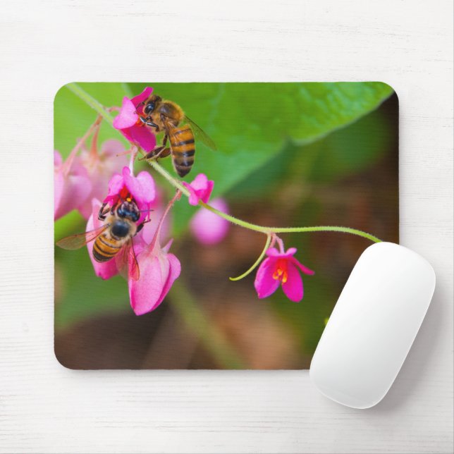 Bees On Coral Vine Flowers Photograph Mouse Pad (With Mouse)
