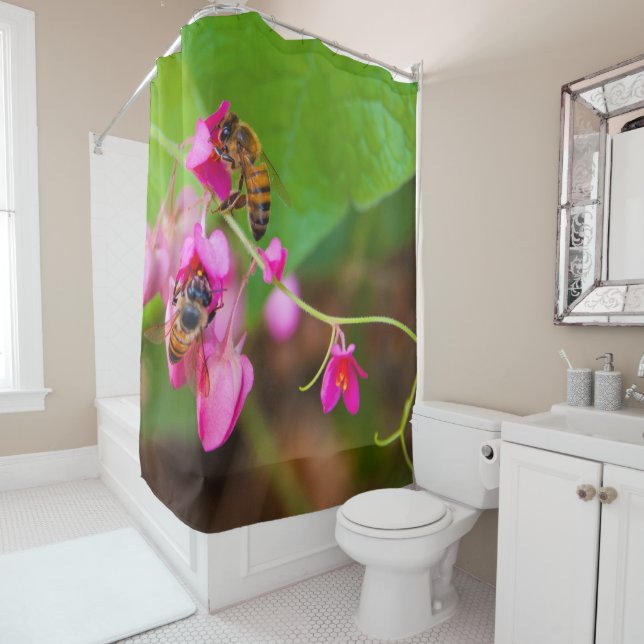 Bees On Coral Vine Flowers Photograph Shower Curtain (In Situ)