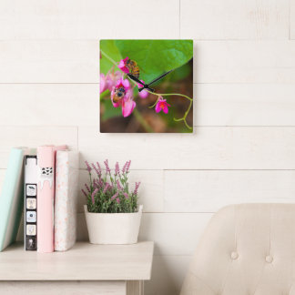 Bees On Coral Vine Flowers Square Wall Clock