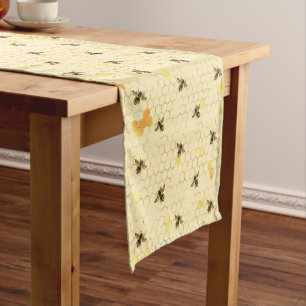 Bees on Honeycomb Pattern Gold Yellow Short Table Runner
