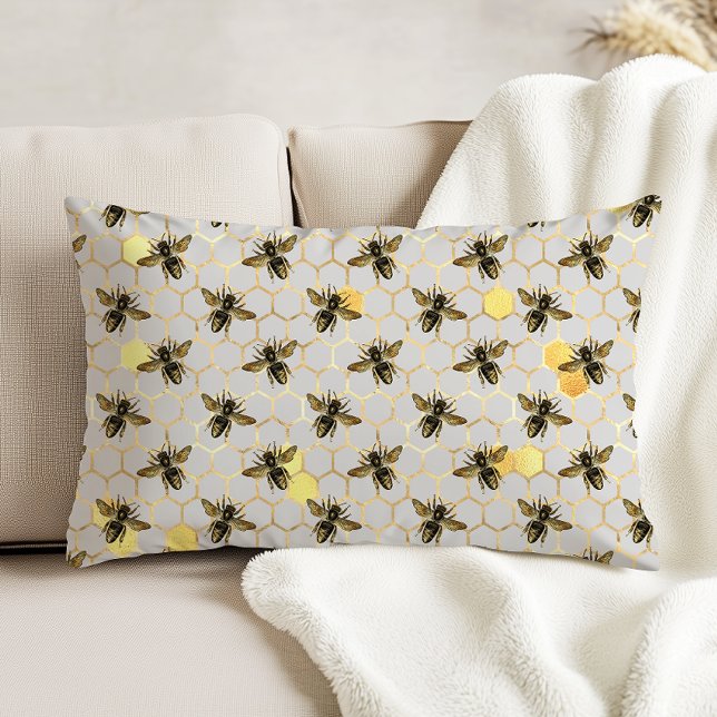 Bees on Honeycomb Pattern Yellow Gold Gray Accent Pillow (Creator Uploaded)