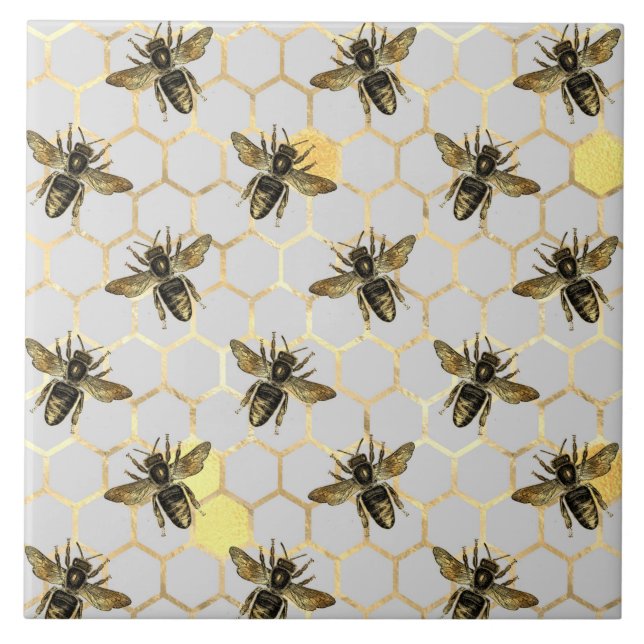 Bees on Honeycomb Pattern Yellow Gold Gray Ceramic Tile (Front)