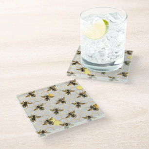 Bees on Honeycomb Pattern Yellow Gold Gray Glass Coaster