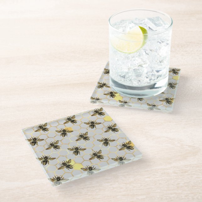 Bees on Honeycomb Pattern Yellow Gold Gray Glass Coaster (Angled)