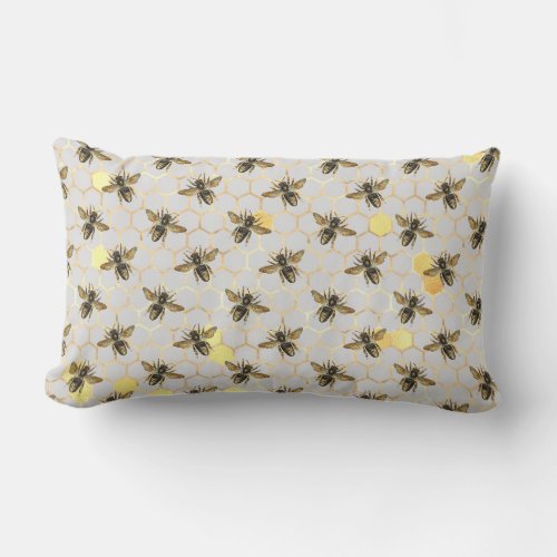 Bees on Honeycomb Pattern Yellow Gold Gray Outdoor Lumbar Pillow