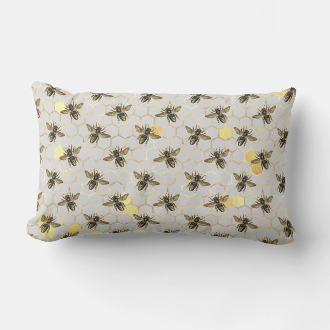 Bees on Honeycomb Pattern Yellow Gold Gray Outdoor Lumbar Pillow (Front)