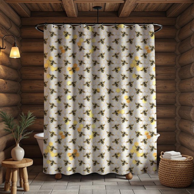 Bees on Honeycomb Pattern Yellow Gold Gray Rustic Shower Curtain (Creator Uploaded)