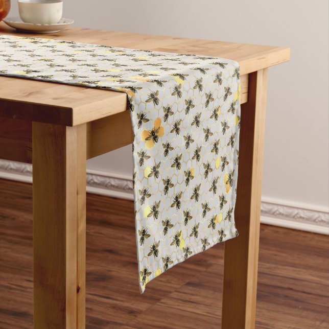 Bees on Honeycomb Pattern Yellow Gold Gray Short Table Runner (In Situ)